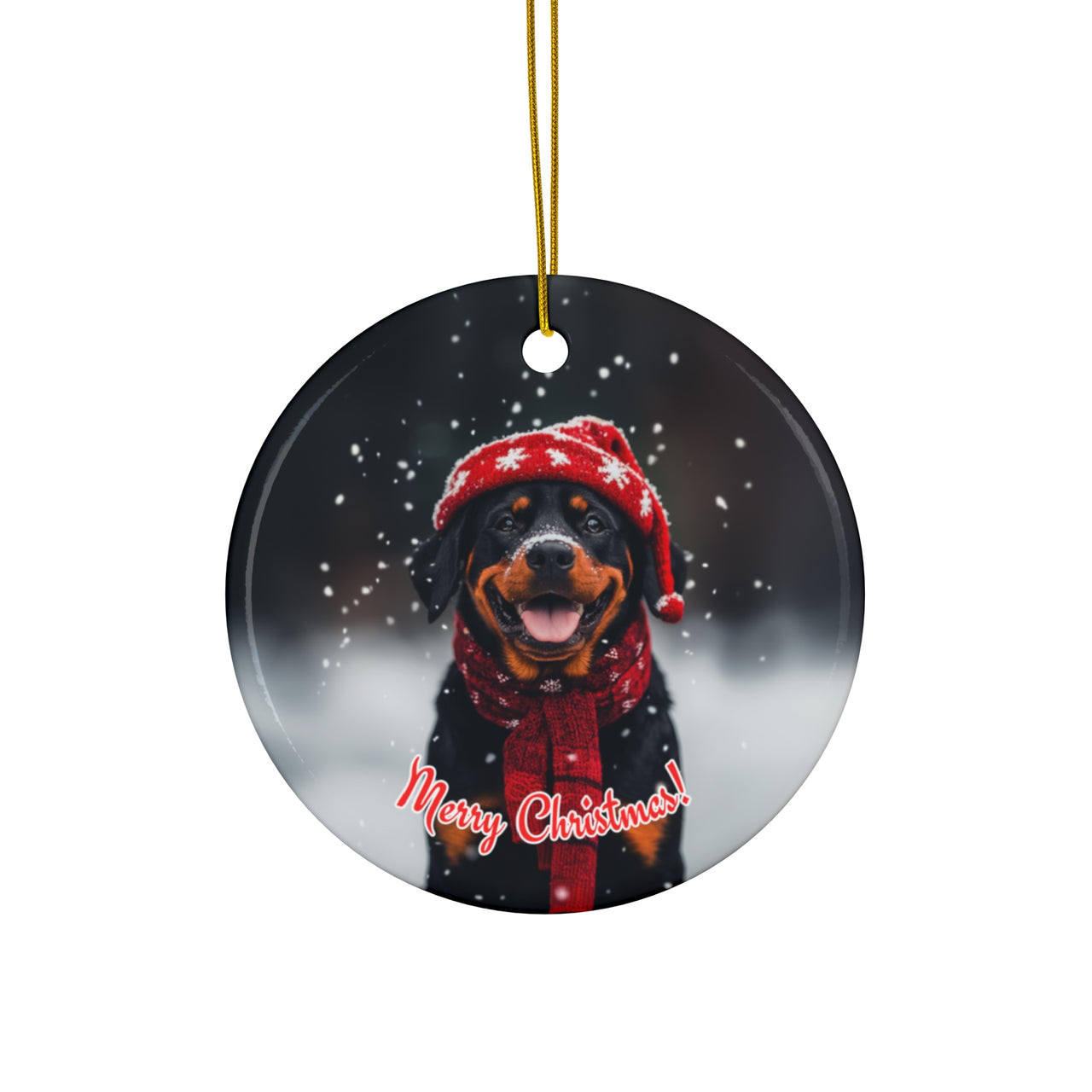 "Merry Christmas" Rottweiler Round Ceramic Ornament – Custom Holiday Tree Decoration